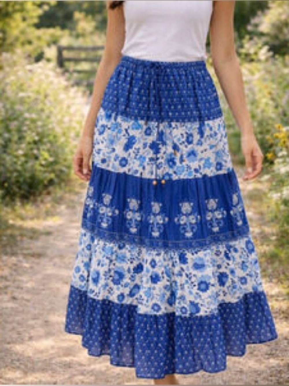Vintage Lauren Ralph Lauren Blue Floral Patchwork Tiered Maxi Skirt L